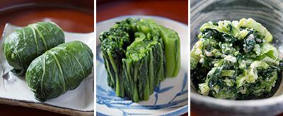 左：広島菜漬の葉でご飯を包んだ寿司<br />
中：広島菜漬。おひたしのように見える。<br />
右：広島菜漬を刻んで明太子とマヨネーズを和えたもの