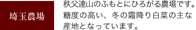 埼玉農場　秩父連山のふもとに広がる農場です。糖度の高い、冬の霜降り白菜の主な産地となっています。