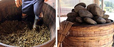 左：踏み込みながらゆでた茶葉を足し、樽いっぱいになったところで重しをする<br />
右：重しは茶葉の重量と同じくらいに。長く漬けすぎると渋みがでる
