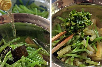 1：下ごしらえをした山菜に調味料を入れ、混ぜる<br />
2：山ワサビの葉の部分を入れて混ぜ、何日間か置く