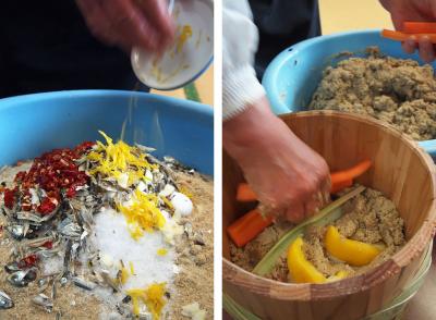 左：漬物名人の女将さんのぬか床レシピは塩分濃度が高めなのが特徴<br />
右：捨て漬けはしない。作りたてのぬか床に朝漬けた野菜が夜には程よく漬かっている